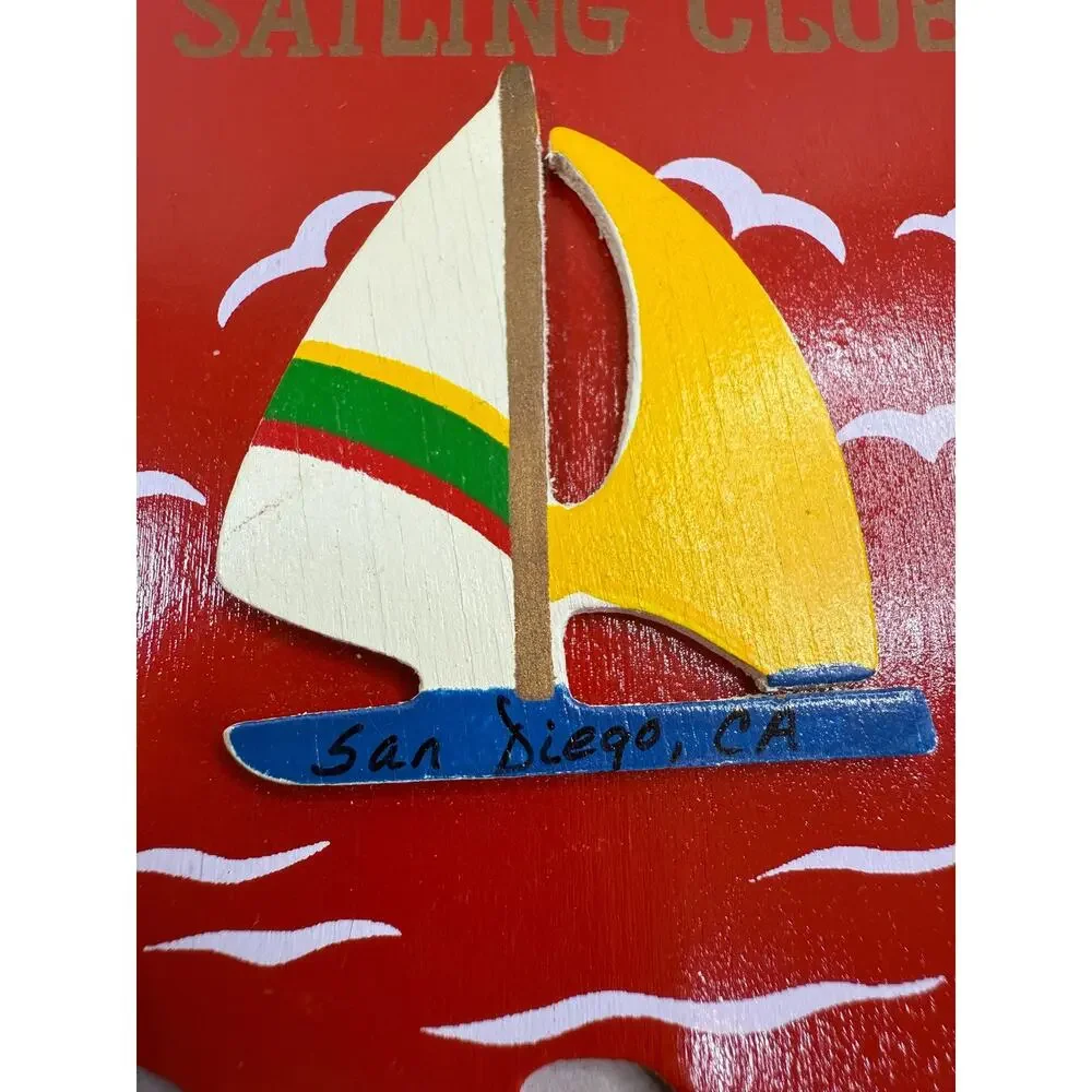 Vintage 1990 Sailing Club San Diego Wood Ornament, Sailboat Christmas Decor